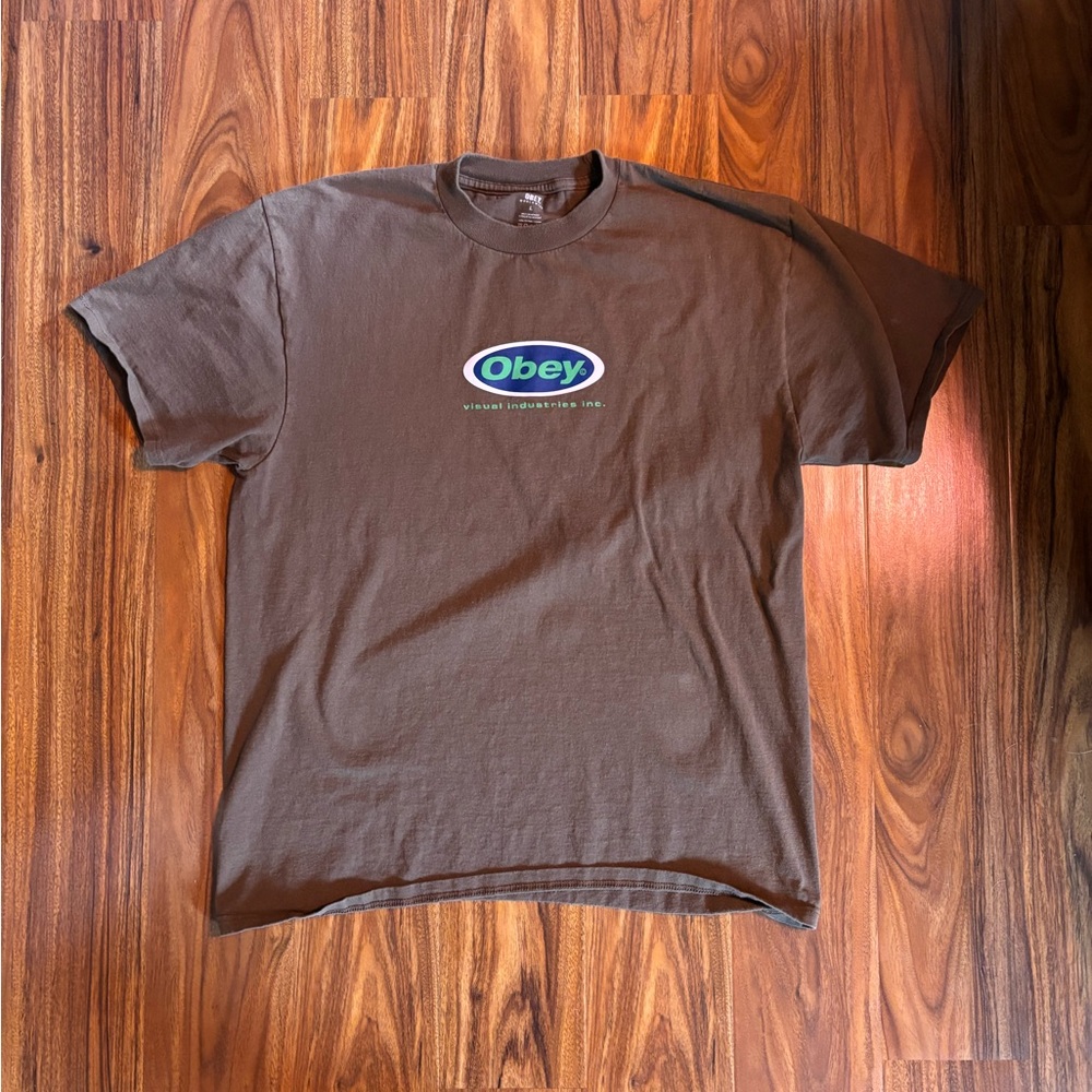 Obey Brown Short-Sleeve Tee with Green & Blue Logo